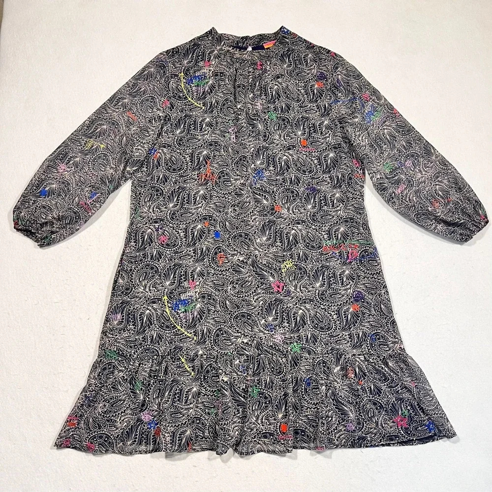 Vilagallo Dress Blue Paisley Art Lightweight Sheer Sleeves Lined Pockets‎ 14/46